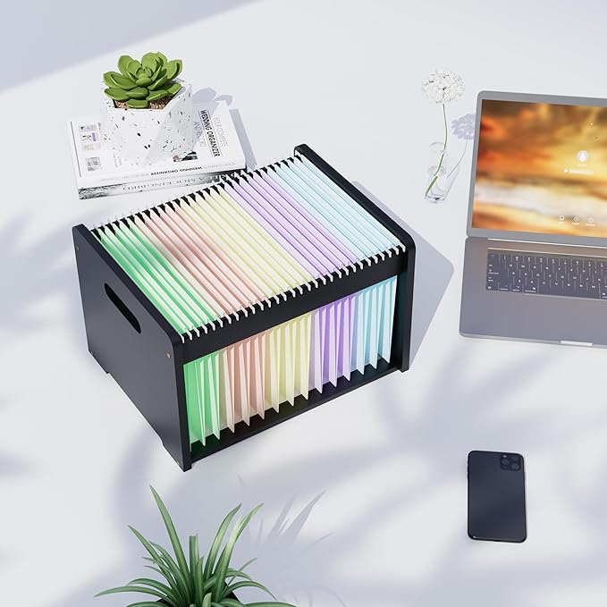 Bamboo Hanging File Organizer, Office Desk File Organizer for Letter Size, Wood Hanging File Folders Organizer Record Holder Storage Stand Bookshelf Easy Assembly, Black