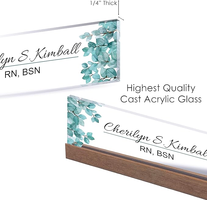 ARTBLOX | Office Personalized Name Plate Leaf V4 Design On Clear Acrylic Glass for Desk with Business Card Holder