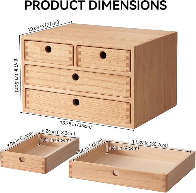 Kirigen Natural Wood Desktop Organizers with Drawers - Home Workspace Office Supplies Wooden Storage Box Shelf Case - Hold Makeup Box (NA, 3-Layer &4 Drawers)