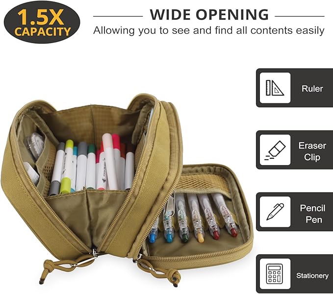 ATRIPACK Tactical Pencil Case for Boy,Large Capacity Pencil Pouch,Marker Organizer Case Pen Box, Tool Bag Desk Organizer for School College Office Organizers for Kids Men Women Adult Teens(Brown)