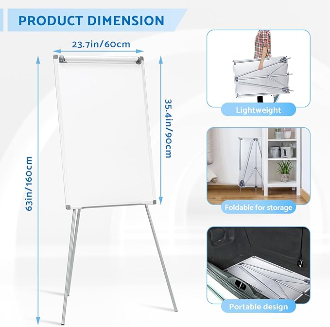 MAKELLO Flip Chart Easel, Magnetic Dry Erase Board with Stand for Office Classroom Home School, Extended Display Arms and Adjustable Height, 36x24 in