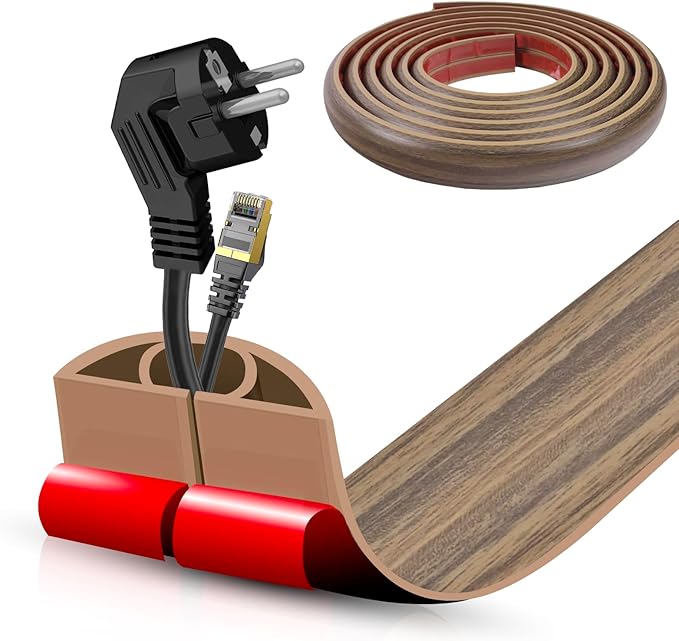 Floor Cord Cover Self Adhesive Cord Hider,10FT Cable Management, Extension Strip Protector for Wires, Prevent Cable Trips for Offices, Gyms, Exhibitions Cavity:0.51"(W) x0.3(H) Woodsmokedbrown
