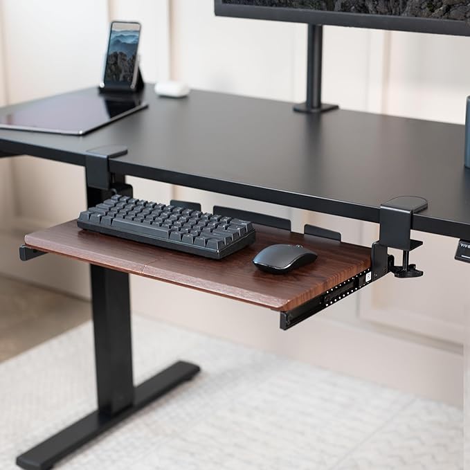 VIVO Small Keyboard Tray, Under Desk Pull Out with Extra Sturdy C Clamp Mount System, 20 (26 Including Clamps) x 11 inch Slide-Out Platform Drawer, Dark Walnut Top, Black Frame, MOUNT-KB05ES-D