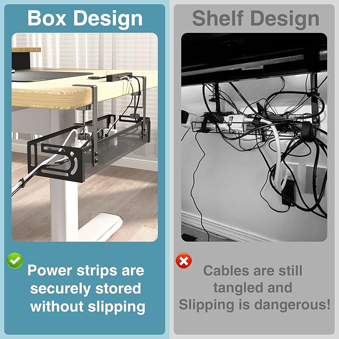 No Drill Under Desk Cable Management Tray, SONATURE 25.3" Cord Organizer for Table, Clamp Mount Desk Cable Management, Premium Carbon Steel Cable Organizer for Office, Home (Black)