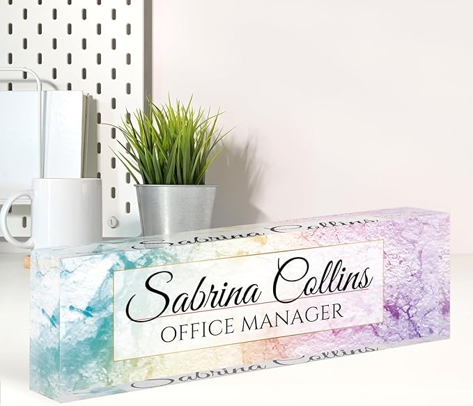 Name Plate for Desk, Desk Name Plate Personalized, Office Decor for Women Men, Acrylic Desktop Accessories, Office Appreciation Gifts for Boss Social Workers Nurse Teacher Employee (Colorful Marble)