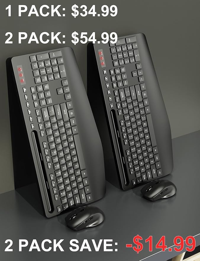 Wireless Keyboard and Mouse Combo - Full-Sized Ergonomic Design with Cushioned Wrist Rest, Built-in Phone Stand, Quiet 2.4GHz USB Connectivity for PC, Laptop - Trueque (Black, 2 Pack)