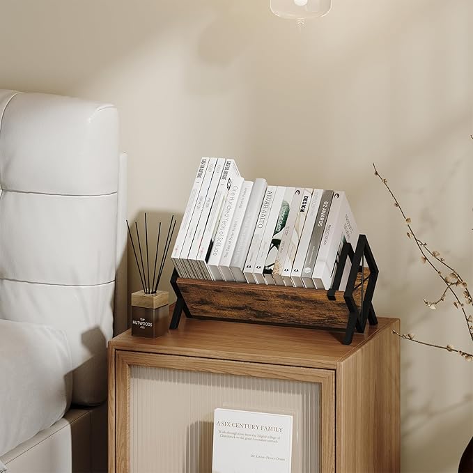 YINMIT Wood Desktop Bookshelf, Retro Tabletop Bookshelf, Desk Shelf for Top of Desk in Living Room, Home, Office, Tilting Bookcase for CDs, Magazine, Books, Home Decor