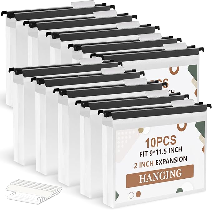 10 Pack Extra Capacity Hanging File Folders Letter Size Plastic File Folder Reinforced Tabs with Heavy Duty 2 Inch Expansion & Black Insert Gasket for Filing Cabinet Durable Hang Folders