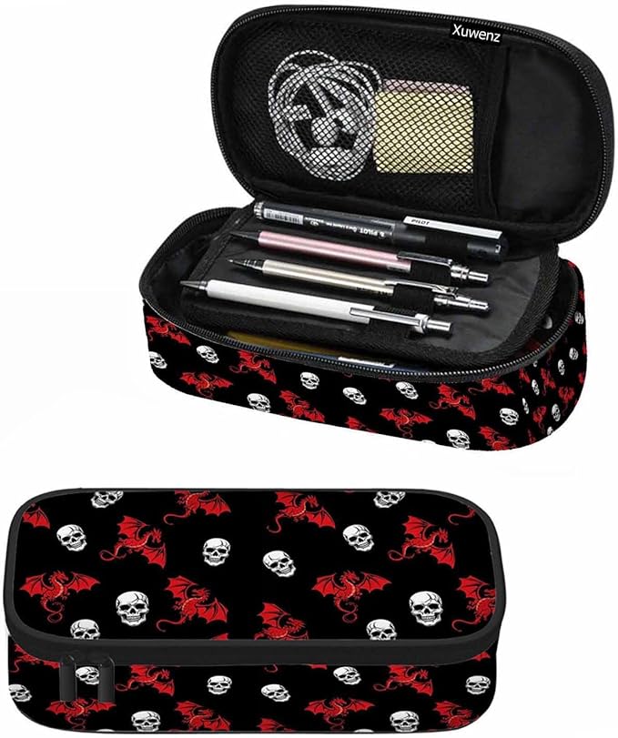 Skull Dragon Pencil Case Dead Black Red Animal Pencil Bag Pen Markers Pouch Holder Organizer for Office Clerks