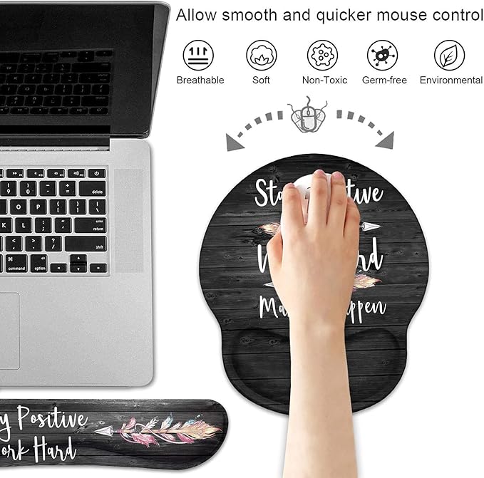Keyboard Wrist Rest and Mouse Pad Wrist Support Set with Coasters, Stay Positive Work Hard and Make It Happen Inspirational Quote Wrist Mouse Pad with Non-Slip PU Base for Computer Laptop Home Office