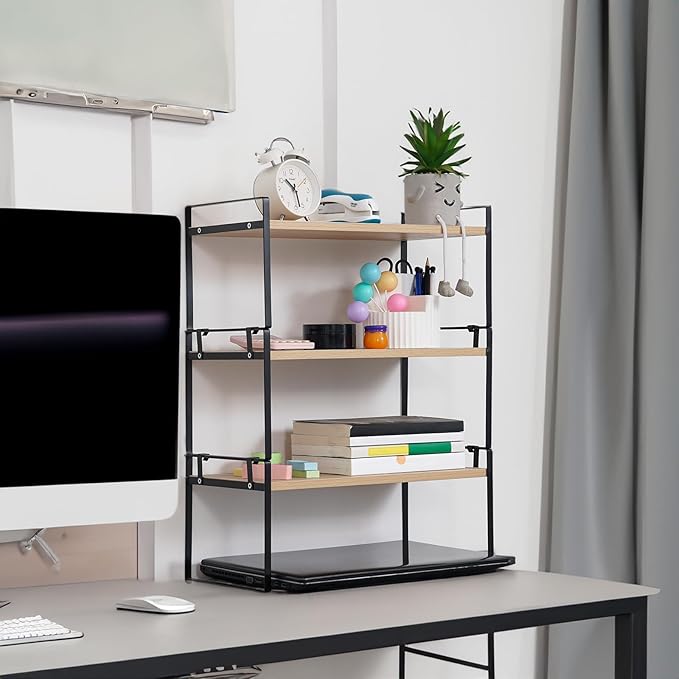 YGYQZ Wood Office Desk Shelf Organizer - Desktop Supplies Cute Dresser Top Organization Storage Rack and Cubicle Decor Aesthetic Bookshelf for Women Man and Kids (Black Wood-Three Tier)