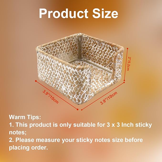 Sticky Note Holder Seagrass Post It Note Dispenser, 3 x 3 Inch Woven Sticky Note Dispenser, Farmhouse Post It Holder for Desk Home Office Decor, Whitewash