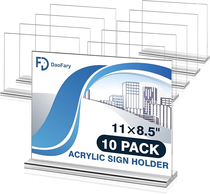 10 Pack Acrylic Sign Holder 8.5 x 11 Horizontal, Double-Sided Stand up Table Top Sign Holders, Clear Acrylic Picture Frame Menu Flyer Paper Holder Display Stand for Office Business Store Wedding Party