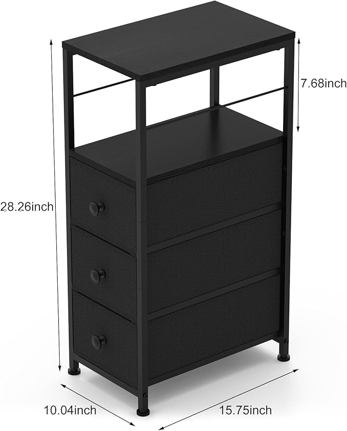 YBING Narrow Dresser, Side Table with 3 Fabric Drawers, Slim Dresser with Open Shelves, Slim Bedside Table for Bedroom, Small Spaces, Black
