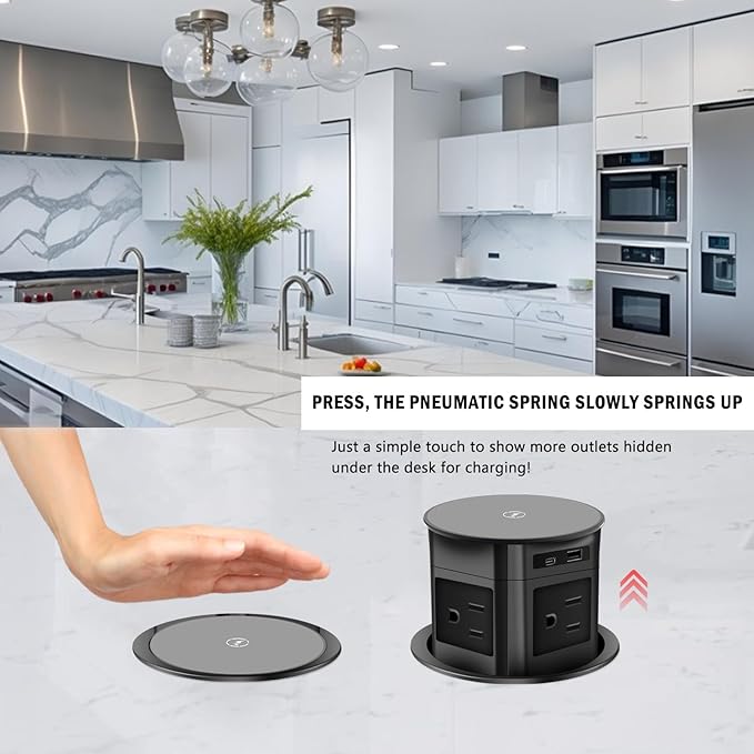 Pop Up Outlet; 15W Wireless Charger, 4 Outlets 1875W USB-A/C PD20W Super Charging 6.5FT 16AWG Cable 3.86 inch Desk Hole Pop Up Power Outlet for Kitchen Countertop,Office Table (Black)