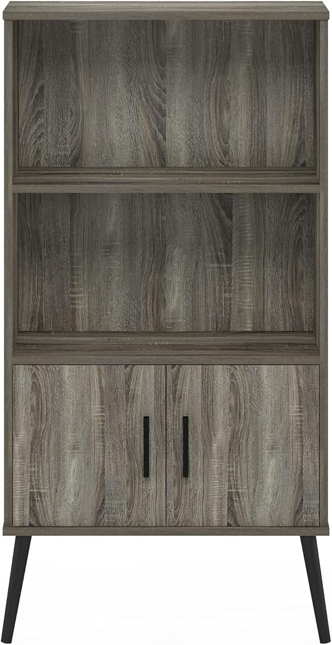 Furinno MIDCENTURY Storage Shelves, Storage Cabinet with Doors and Shelves, Bookshelf with Legs, for Living Room, Home Office, Grey Oak