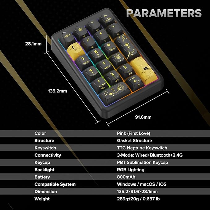 NumberPad,21Keys HotSwappable Numpad,Bluetooth5.0/2.4G/Type-C Wireless Numeric Keypad,Rechargeable Number keypad,RGB Gasket Structure Mechanical Keyboard with PBT Keycap for PC Laptop Notebook (Black)