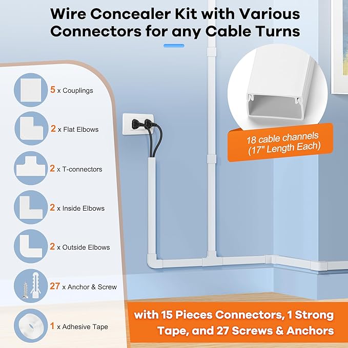 306in Cord Hider Kit, Cord Covers for Wires on Wall, Paintable Wire Cover for Cords, Cable Hider for Wall Mounted TV, White Cord Concealer, Cable Raceway Wire Management, 18x L17in x W0.95in x H0.55in