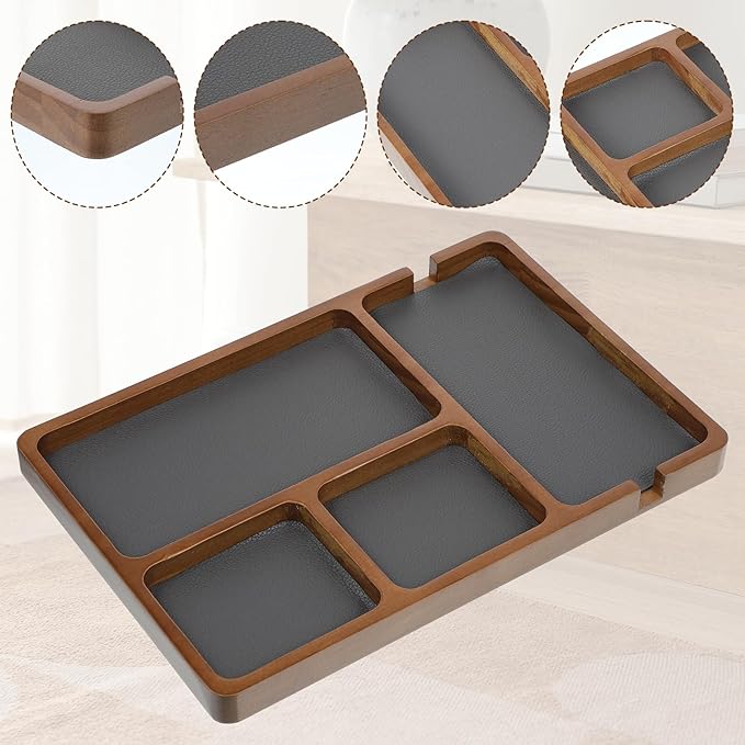 Wooden Valet Tray, 4 Grids Catch All Tray with Leather Inlay Wallet Trays Organizer for Nightstand, Desk, Entryway Stylish Durable EDC Catchall Trays for Keys, Wallet, Watch, Jewelry, Phone