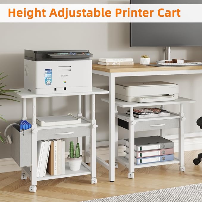 YAOHUOO Large 22"x15" Printer Stand, 3-Tier Height Adjustable with Storage Drawer & Side Bag, Rolling Cart for Heat Press/Laser/3D Printer (White)