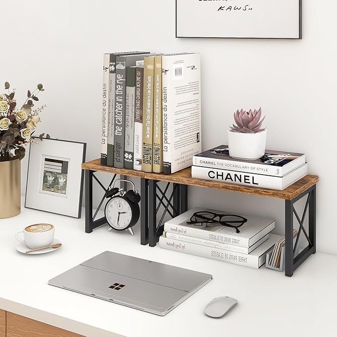 ELITEROO Wood Desktop Shelf, 2 Tier Adjustable Small Bookshelf Organizer, Freestanding Stackable Desk Stand, Storage Organizers, Kitchen Counter Display Rack, Rustic Brown