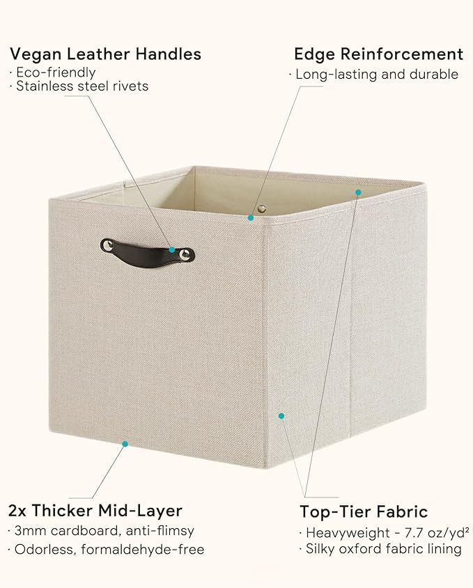 Storage Cube Bins | 7.7 oz/yd² Fabric Cubby Organizer Baskets for Shelf, Bookcase, Closet, Cabinet, Wardrobe | 11x11 Cube Drawer | 6 Pack, Beige, 10.5x10.5x11 Inch