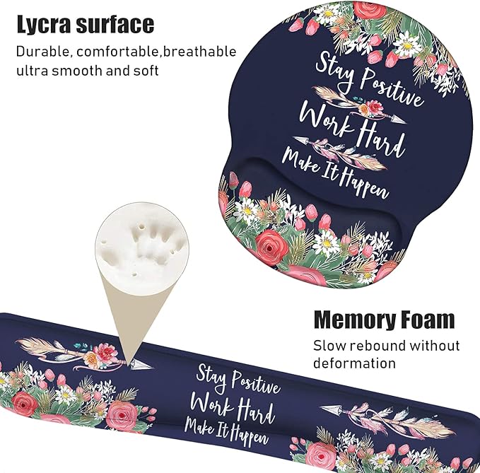 Keyboard Wrist Rest and Mouse Pad Wrist Support Set with Coasters, Inspirational Quote Stay Positive Work Hard and Make It Happen Wrist Mouse Pad with Non-Slip PU Base for Computer Laptop Home Office