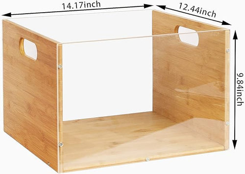 2 Pack Hanging File Organizer, Clear Acrylic File Box Organizer, Bamboo Filing Box File Crate Storage Boxes, Portable Filing Organizer with Handle for Letter Size