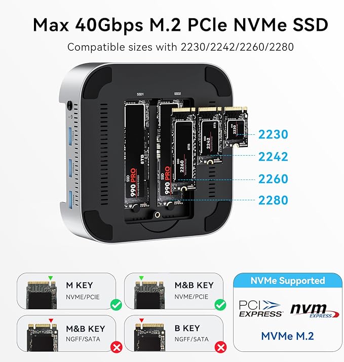 ACASIS 40Gbps Mac mini M4 Dock & Stand with Dual-Bay NVMe SSD Enclosure, Aluminum DP Hub for Mac mini M4 and M4 Pro 2024, 4K60Hz DP, 3X10G USB A, PD 30W, SD/TF 4.0, Support Dual SSD B+M M-Key