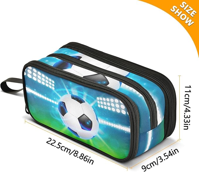 Soccer Ball on Field Pencil Case Box Boys Girls Large Pencil Pouch with Zipper Compartments Big Capacity Stationery Pen Bag Organizer for Kids Teens Adults School