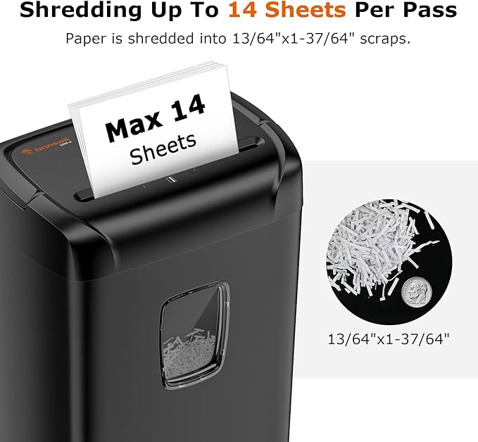 Bonsaii 14-Sheet Paper Shredder for Home Office Use, 10-Minute Cross Cut Shredder with 5.5 Gallons Bin, P-4 High Security Heavy Duty Office Shredder Shred CD/Credit Card