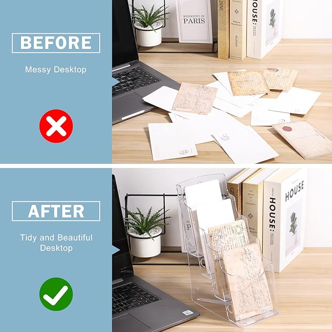 Acrylic Brochure Holder 4 x 9 Inches, 4 Tier Magazine Holder Brochure Display Stand, Clear Pamphlet Flyer Holder, Literature Booklet Holder for Countertop or Wall Mount Use, 2 Pack