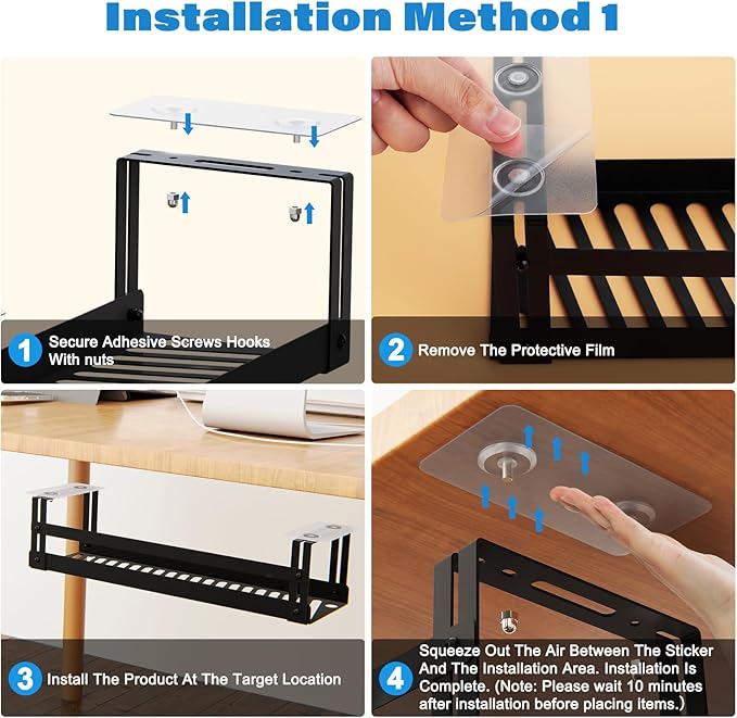 Under Desk Cable Management Tray, 17 in Metal Cable Tray Basket for Wire Management, Power Strip Holder, Cord Organizer, Wire Tamer for Home/Office Desk Cable Hider Black