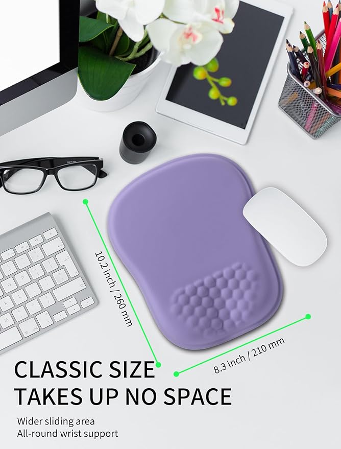 Hokafenle Ergonomic Wrist-Hugging Mouse Pad Wrist Support, U-Shaped Holding Wrist Rest Mousepad for Carpal Tunnel Pain Relief with Cushioned Memory Foam Slope Massage Bulge (10.2x8.3 in,Lavender)
