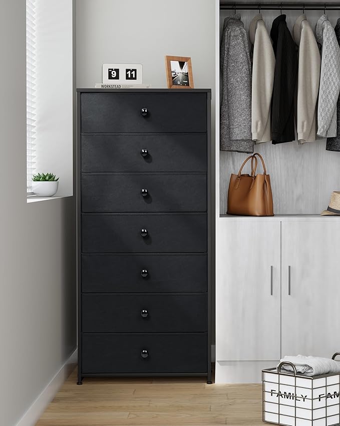 Crestlive Products Tall Dresser, 7-Drawer Wide Fabirc Storage Tower, Chests of Drawers - Vertical Organizer Unit for Bedroom, Hallway, Entryway, Nursery, Wood Top, Closets with Handles (Black)