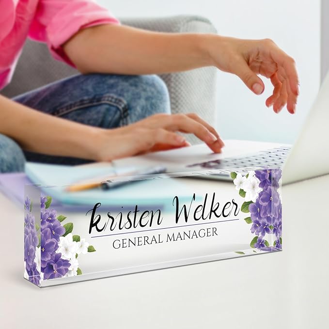 Custom Name Plate for Desk, Desk Name Plate Personalized, Office Decor for Women, Acrylic Desktop Accessories, Office Appreciation Gifts for Boss Social Workers Nurse Teacher Employee(Purple Flowers)