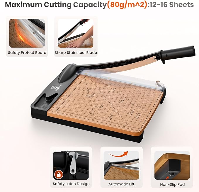 12 Inch Heavy Duty Paper Cutter, Wood Guillotine Paper Cutter & Trimmer, 12-16 Sheets Capacity Cutting Board for Classroom, Crafting, Cardstock Black (Black)