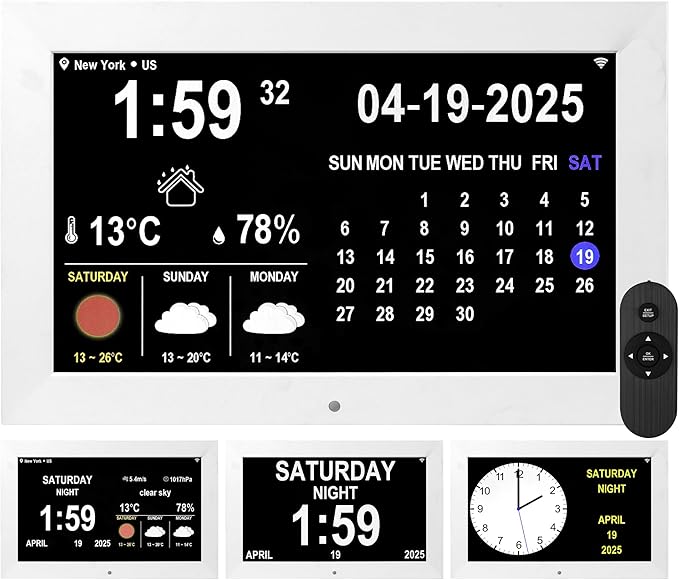 Digital Alarm Clock, Multiple Alarm Functions, Clock with Date and Week, Digital Alarm and Electronic Calendar for Seniors (White, 10 inch WiFi)