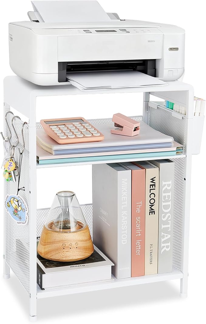 Small Under Desk Storage, White Printer Stand with Storage Shelf, 3-Tier Height Adjustable Printer Table with Basket & 3 Hooks for Home Office Fax Machine Scanner Files