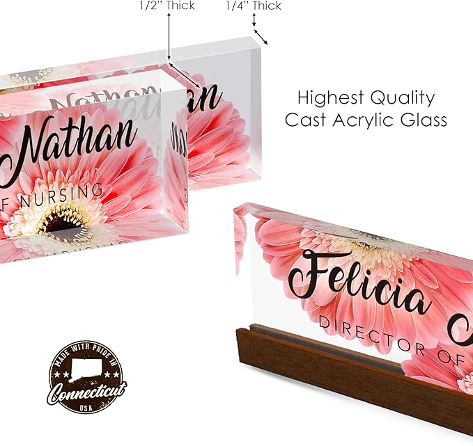 Artblox Personalized Office Desk Name Plate and Business Card Holder | Clear Acrylic Glass with Teak Wood Stand | Pink Daises Design Customized with Your Name and Credentials Office Desk Decor
