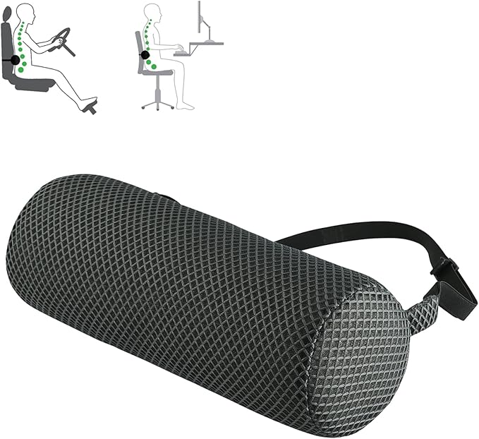 Esme L&H Lumbar Roll Pillow for Lower Back Pain Relief, Breathable 3D Fabric Back Roll Lumbar Support Pillow for Office Chair Car Seat, Lumbar Roll for Chair - Back Support Roll with Elastic Strap