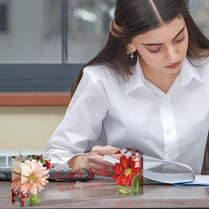 Personalized Name Plate for Desk, Custom Acrylic Desk Name Sign, Office Appreciation Gifts for Women Men Coworkers Boss Teacher Employee (Flower-Lotus)
