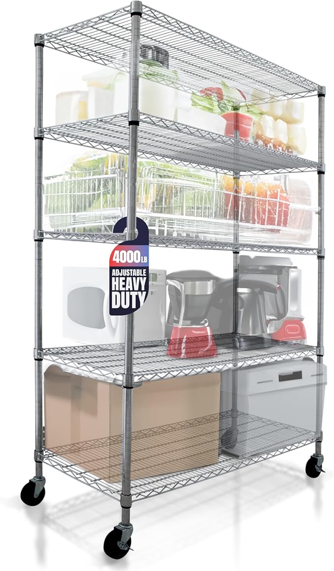 4000 LBS Heavy Duty Wire Rack 48 x 24 x 76, 5-Tier NSF Commercial Rolling Rack with Wheels, Chrome Metal Shelving Unit for Garage, Kitchen, Warehouse, Adjustable Storage Shelf, Crescent