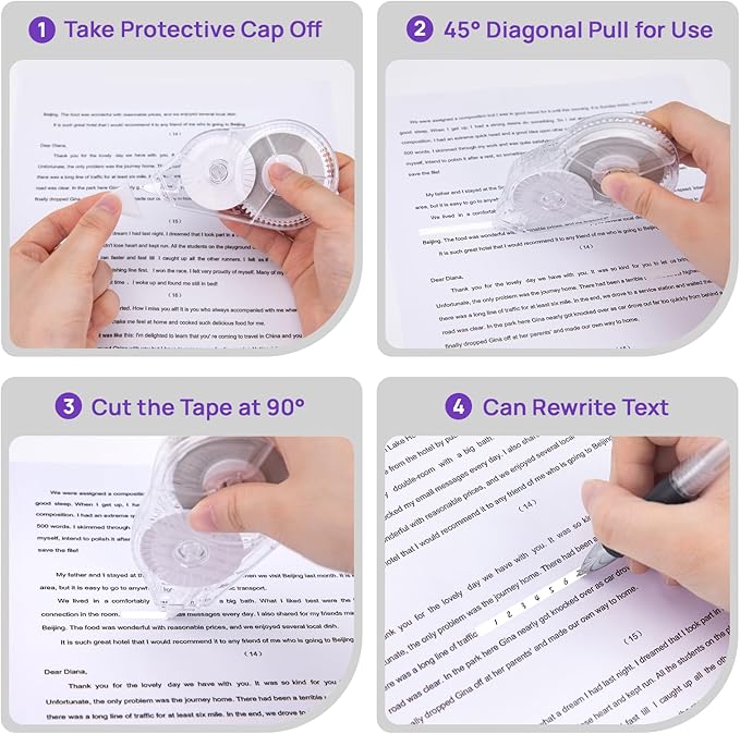 JEFURE 4 Pcs Correction Tape, 98.43 Ft White Wrong Out Tear-Resistant Bulk, Instant Corrections Easy To Use Applicator for School, Office, Note Taking, Journal (Tape Width 0.2 in，Clear)