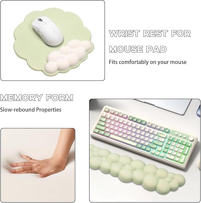 Ergonomic Mouse Pad and Keyboard Wrist Rest - Green Cloud Wrist Rest Keyboard with Mouse Wrist Pad Sets, Soft Memory Foam Wrist Support for Laptop, Mac, Office, Work, Gaming
