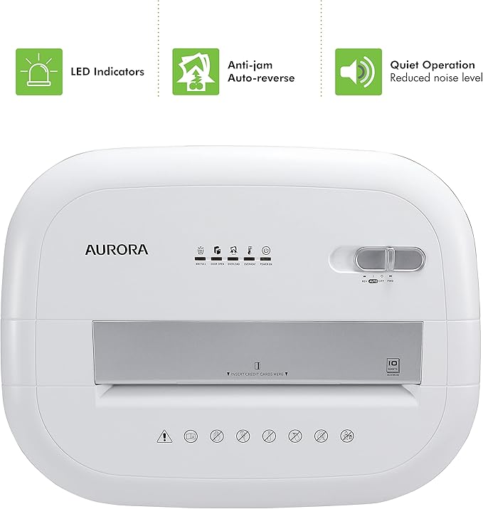 Aurora Professional Grade 10-Sheet High Security Micro-Cut Paper and Credit Card Shredder/ 60 Minutes/Security Level P-5, White