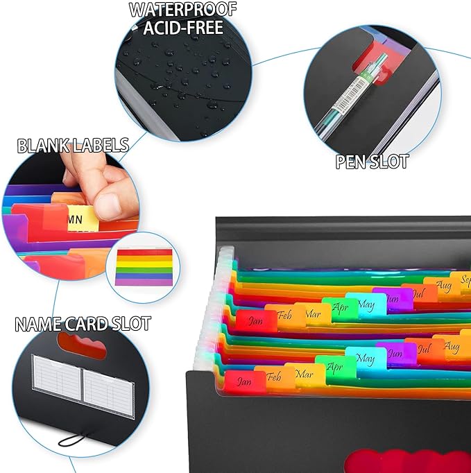 25 Pockets Plastic Expanding File Folders with Tabs, Black Accordion File Organizer, Portable Expandable Filing Box, Desktop Folder for School Office Letter A4 Paper Document Receipt Storage