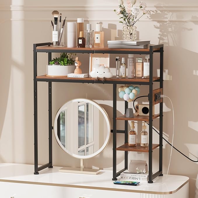 Aetheris Desktop Organizer Shelf, 30" Wooden Office Storage Rack with Outlets, Display Shelf Rack with Light Strip, 5 Tier Desktop Display Rac, Desk Shelf, Desk Hutch for Computer Monitor, Brown