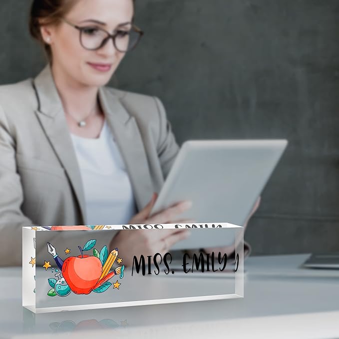 Personalized Desk Name Plate, Custom Acrylic Glass Name Plates for Desks, Office Desk Decor Nameplate, Desk Accessories, Teacher Boss Coworkers Employee Appreciation Gift(to Teacher)