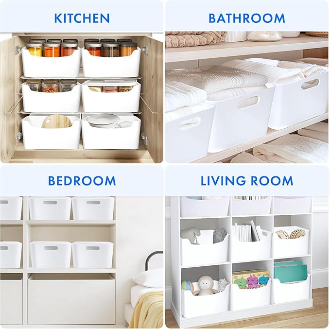 XL - 3 Pack White Plastic Storage Bins for Shelves, Closet Kitchen Storage Containers for Pantry Bathroom Office Organization Baskets, Cabinet Organizing Containers, White Organizer Bins for Shelves